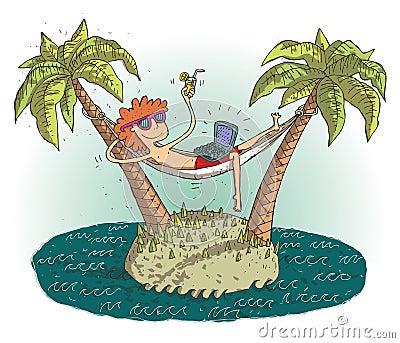 Global village cartoon with satisfied teenager on deserted island Vector Illustration