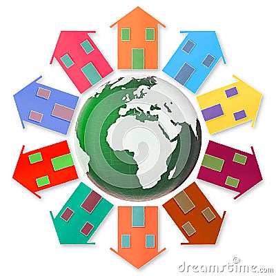 Global village concept - Ten small houses around the Earth Stock Photo