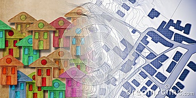 Global village made of wooden houses - concept image with an imaginary city map on background Stock Photo