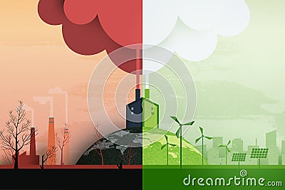 Global warming and climate change concept.Half world of polluted and green environment background.Paper art of ecology and environ Vector Illustration