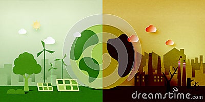Global warming and climate change concept.Half world of polluted and green environment background.Paper art of ecology and Vector Illustration
