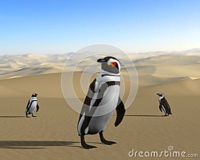 Global Warming, Climate Change, Desert Penguins Cartoon Illustration