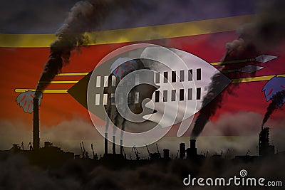 Heavy smoke of factory pipes on Swaziland flag - global warming concept, background with place for your content - industrial 3D Cartoon Illustration