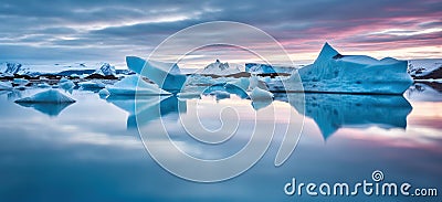 Global warming concept - floating icebergs in valley of icebergs in twilights, Generative AI Stock Photo