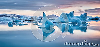 Global warming concept - floating icebergs in valley of icebergs in twilights, Generative AI Stock Photo