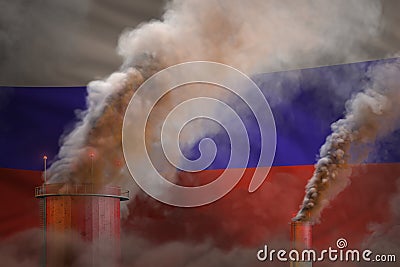 Global warming concept - heavy smoke from industrial pipes on Russia flag background with place for your logo - industrial 3D Cartoon Illustration