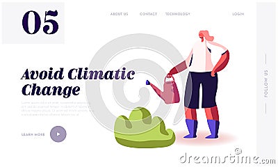 Global Warming, Environment Pollution, Global Heating Impact Website Landing Page. Woman Watering and Care Vector Illustration