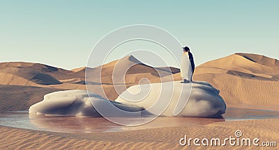 Penguin standing on melting snow in the desert . Cartoon Illustration