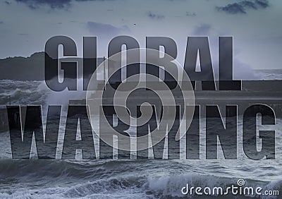 Global Warming - sea waves crashing over wall defences Editorial Stock Photo