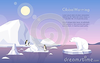 Global warming vector banner template. North Pole, melting glaciers, penguins and polar bear on ice floe flat Vector Illustration