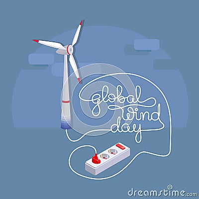 Global Wind Day. Lettering with cartoon wind turbine. Vector Illustration