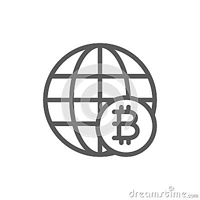 Global world with bitcoin coin, blockchain, crypto network line icon. Vector Illustration