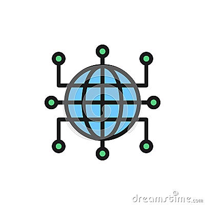 Global world with closed contacts, blockchain, cryptocurrency flat color icon. Vector Illustration