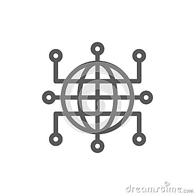 Global world with closed contacts, blockchain, cryptocurrency line icon. Vector Illustration