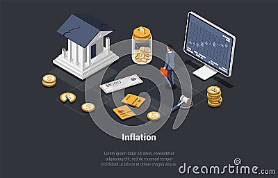Global World Financial Crisis Concept. Default, Inflation, Devaluation, Stock Market Crash. Shocked Man Investor Lose Vector Illustration