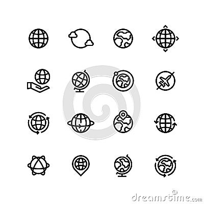 Global world, globe outline icons. Earth, map and travel simple line vector symbols Vector Illustration