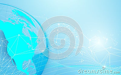 Global and World map with lines and triangles, point connecting network on blue background. Vector Illustration