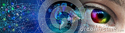 Global world map network technology. Social communications. World map with eye global network. Stock Photo