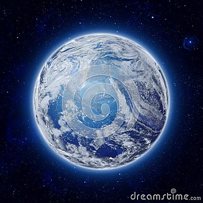 Global World in space, Blue Planet Earth with some clouds and stars in the dark sky Stock Photo