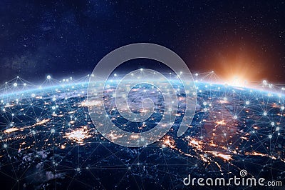 Global world telecommunication network connected around planet Earth, internet technology Stock Photo