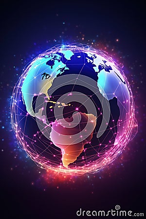 Global world telecommunication network with nodes connected. Generative AI Stock Photo