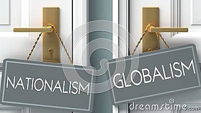 Globalism or nationalism as a choice in life - pictured as words nationalism, globalism on doors to show that nationalism and Cartoon Illustration