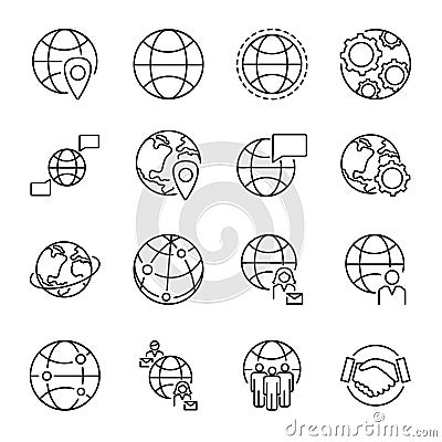 Globalization concept icons collection with various globe shapes and people connection symbols. Monoline simple vector icons set. Vector Illustration