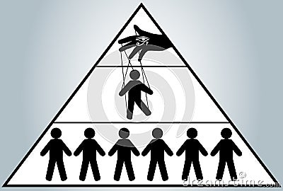 Globalization. Hidden people management. Man puppet. New world order. Vector Illustration