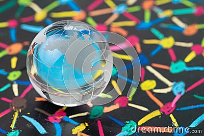 Globalization, social network or connectivity world concept, small decoration globe with colorful pastel link and connect chalk l Stock Photo