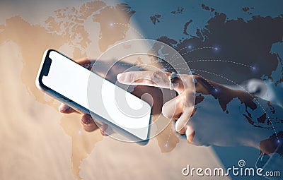 Globe abstract, hands and phone screen for global networking mockup, digital transformation app or woman community Stock Photo