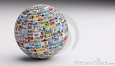 Globe, ball with various pictures of people, nature, objects, places Stock Photo