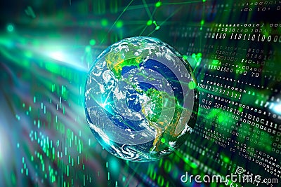 Globe on binary digital fiber optic computer network technology Stock Photo