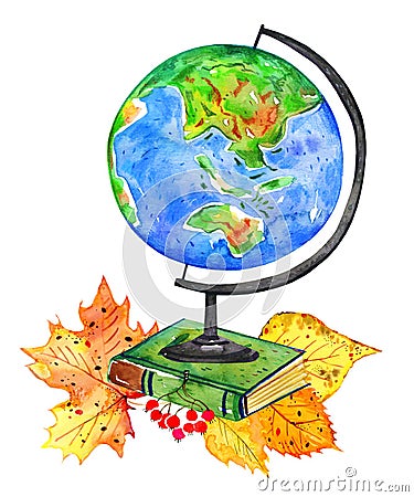 Globe, book and autumn leaves. Back to school composition. Hand drawn watercolor illustration Cartoon Illustration