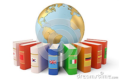 The globe and books languages learn and translate education concept books in colors of national flags 3d illustration. Cartoon Illustration