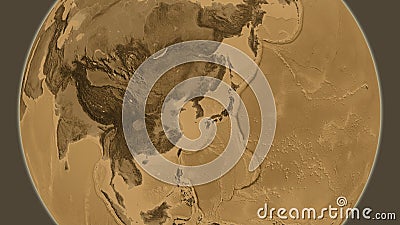 Globe centered on South Korea neighborhood. Sepia elevation map Stock Photo