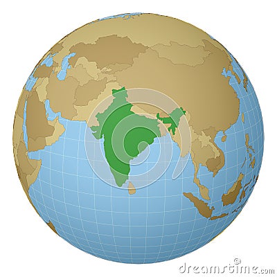 Globe centered to India. Vector Illustration