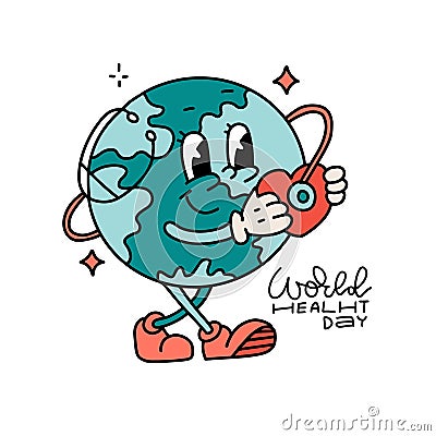 Globe character holding heart and stethoscope greetinf card design template. World Health Day. World Health Day retro Vector Illustration