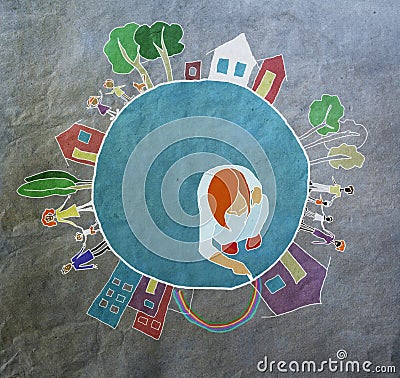 Globe, child draws with chalk planet and its inhabitants, kids and globe Stock Photo