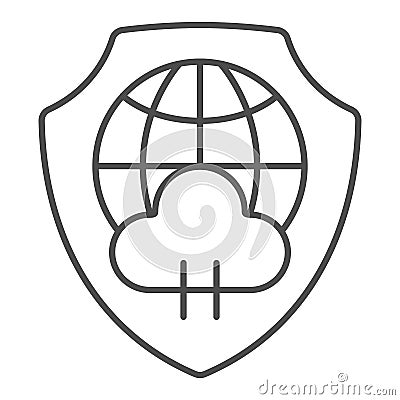 Globe with cloud on emblem thin line icon, data protection concept. Vector graphics. Shield with world globe and cloud Vector Illustration