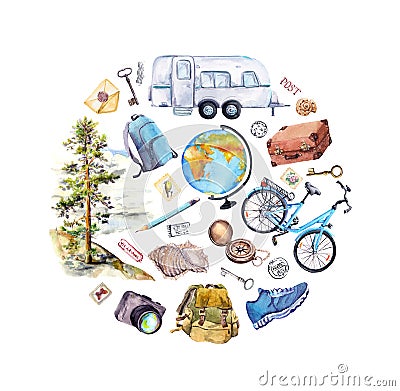 Globe, compass, bicycle, trailer, suitcase, backpack, postal stamps. Travel card. Hand painted watercolor Stock Photo