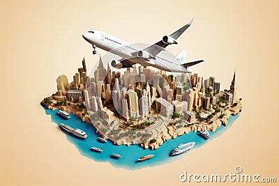 globe concept travel illustration plane city global map earth europa. Generative AI. Cartoon Illustration