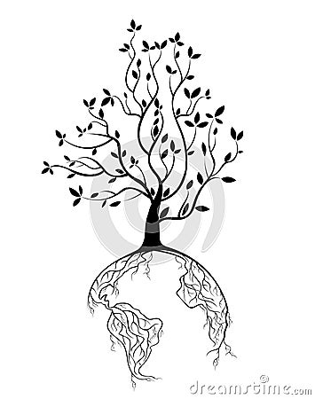 Globe concept tree roots Cartoon Illustration