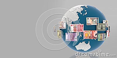 Globe with Countries Flags & Currencies banknote. Stock Photo