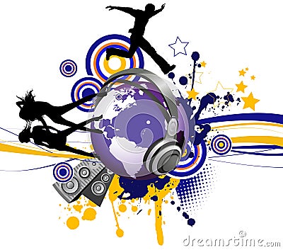 Globe with dancing youth men and women. Vector Illustration