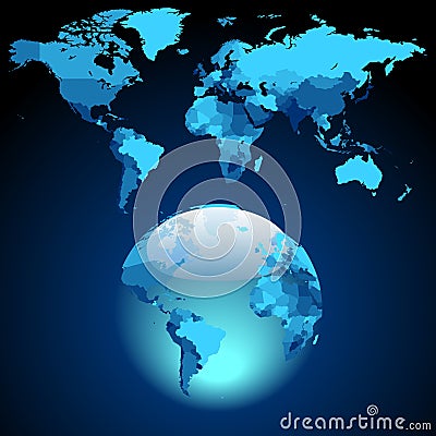 Globe on dark blue World map Vector Illustration