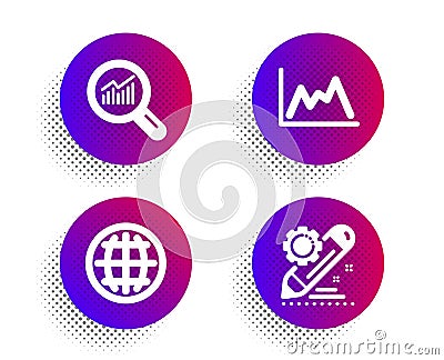 Globe, Data analysis and Diagram icons set. Project edit sign. Internet world, Magnifying glass, Growth graph. Vector Vector Illustration