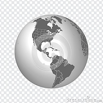 Globe of Earth with borders of all countries. 3d icon Globe in gray. High quality world map in gray. North America, US with all st Vector Illustration