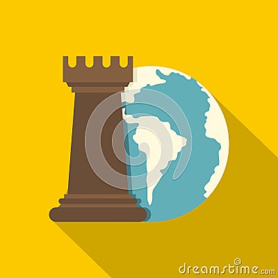 Globe Earth and chess rook icon, flat style Vector Illustration