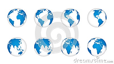 Globe earth 3d. World map realistic globes, blue continents and white oceans. Planet with cartography texture various Vector Illustration