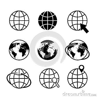 Globe earth icons. World map icon. Global communication simple logo. Geography location in tourism travel symbol. Arrow around Vector Illustration